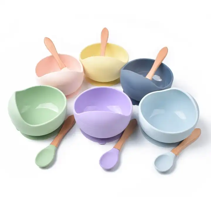 Silicone Suction Bowl and Wooden Spoon Set